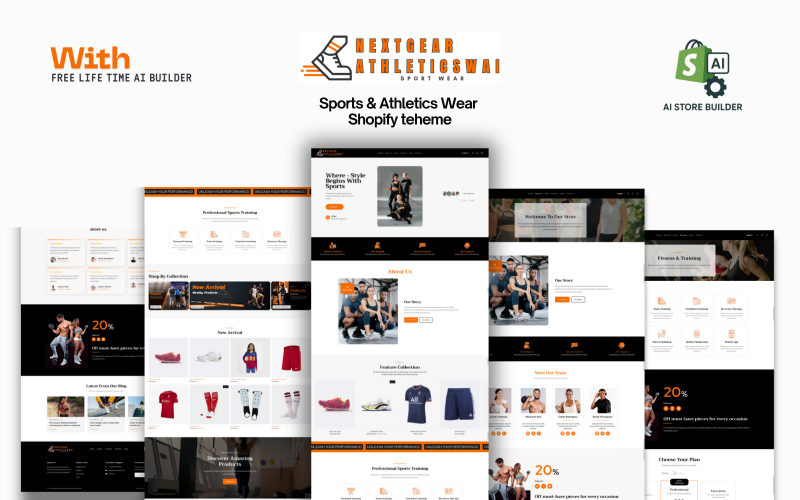NextGear Athletics - Abbigliamento sportivo e servizi di fitness Tema Shopify AI Builder, Shopify Horizon