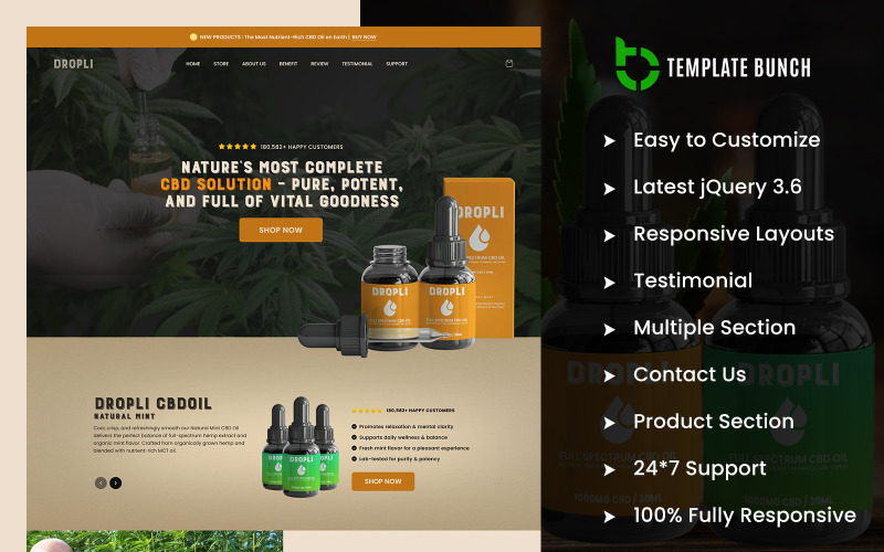 Dropli - CBD-olja för en produkt, mångsidigt Shopify-tema