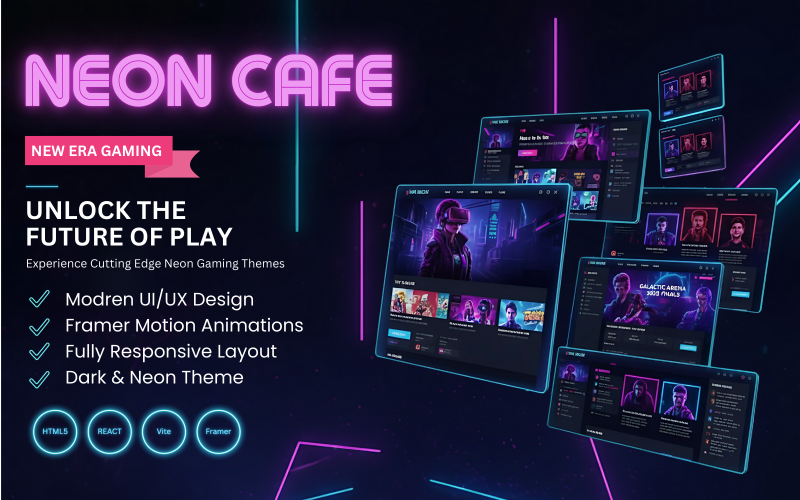 Neon Gaming Cafe React-tema - Vite, Tailwind, Framer Motion, 3 hemdemos
