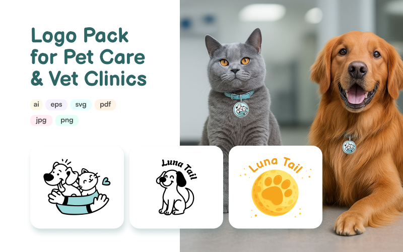 Luna Tail – Šablona loga pro péči o domácí mazlíčky a veterinární kliniky.