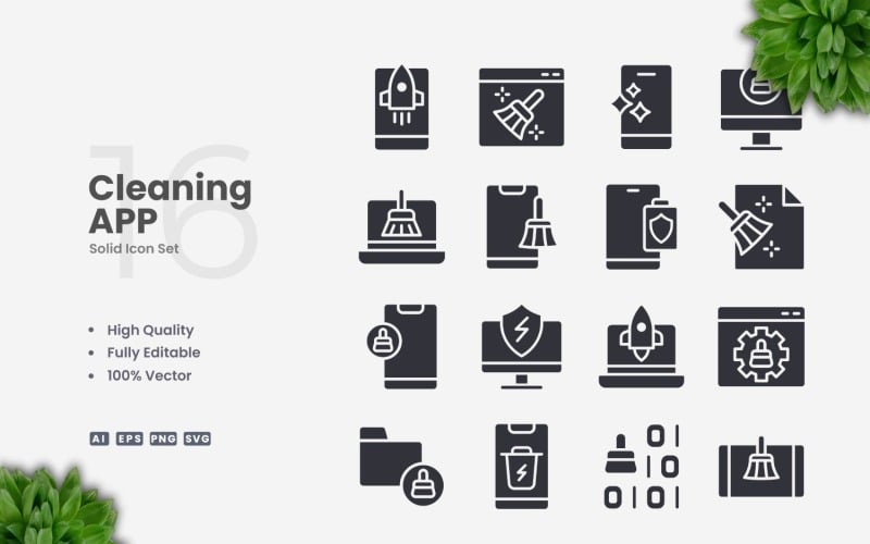 16 Cleaning App Solid Icons Set