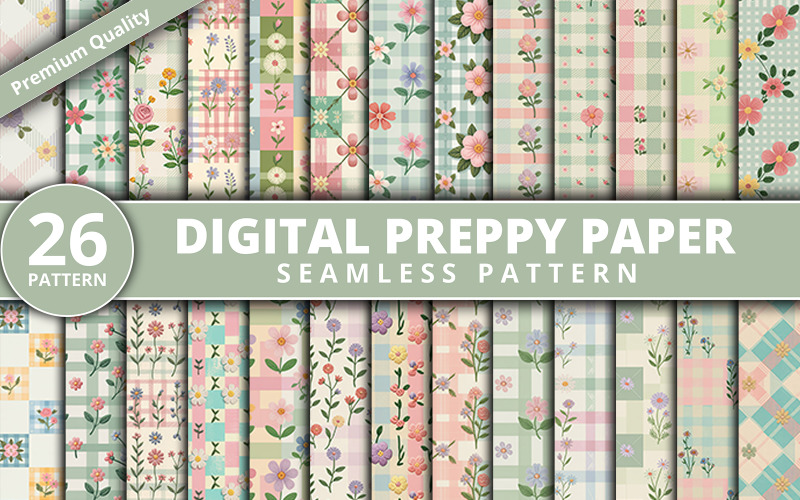 Digitala Preppy Pappers Sömlösa Mönster | 26 Pastellblommiga & Rutiga Digitala Pappers Mönster