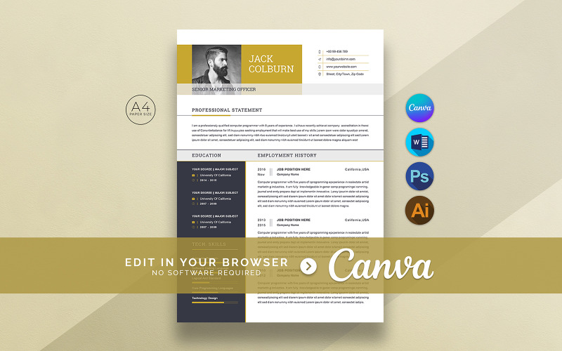 Modèle de CV moderne Canva et MS Word pour CV marketing