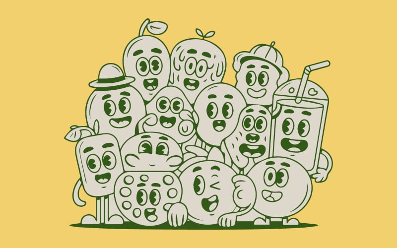 Cute Kawaii Fruit Faces Vector Illustration