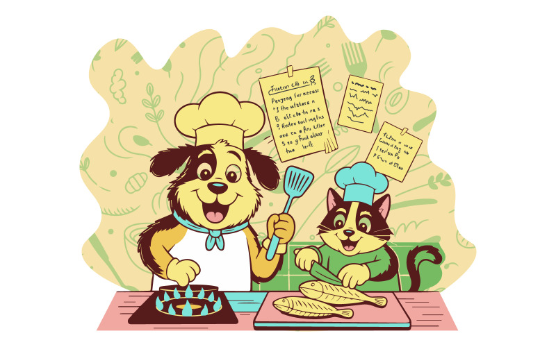 Dog and Cat Chef Cartoon Vector Illustration