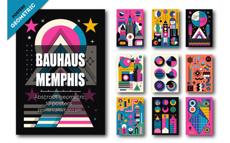 Bauhaus geométrico abstrato, Memphis 03. 10 pôsteres