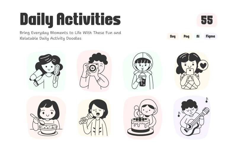Günlük Aktiviteler Doodle İllüstrasyon Seti