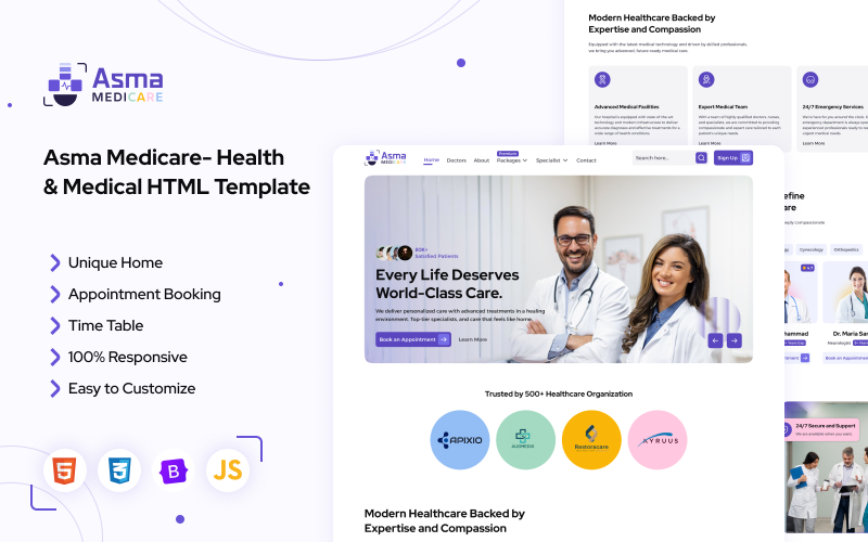 Asma Medicare – Modèle de page d'accueil HTML5 réactive pour les services de santé et médicaux