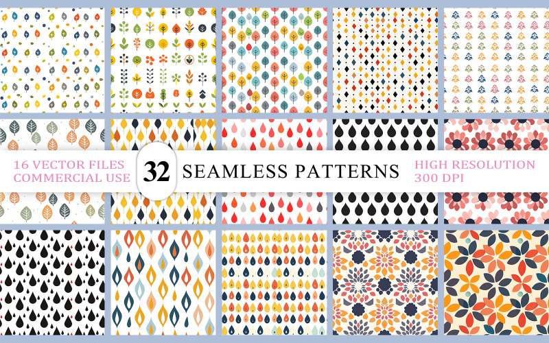 Geometric Boho Floral Seamless Backgrounds | Retro Floral & Geometric Seamless Vector Patterns