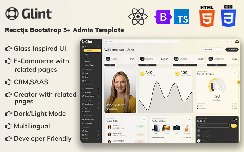 Glint - Üveg ihlette UI React admin sablon