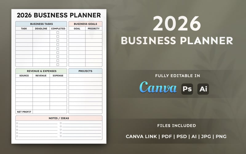 2026 İş Planlayıcısı Şablonu | Düzenlenebilir Canva A4 Yazdırılabilir Planlayıcı Tasarım Düzeni