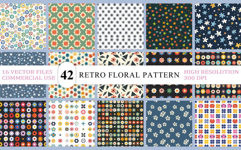 Fundo com padrão floral colorido | Conjunto de vetores com design floral vintage | Flor retrô brilhante