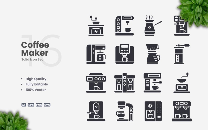 16 Coffee Maker Solid Icons Set