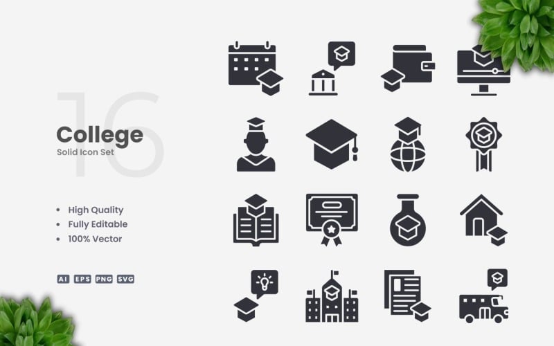 16 College Solid Icons Set