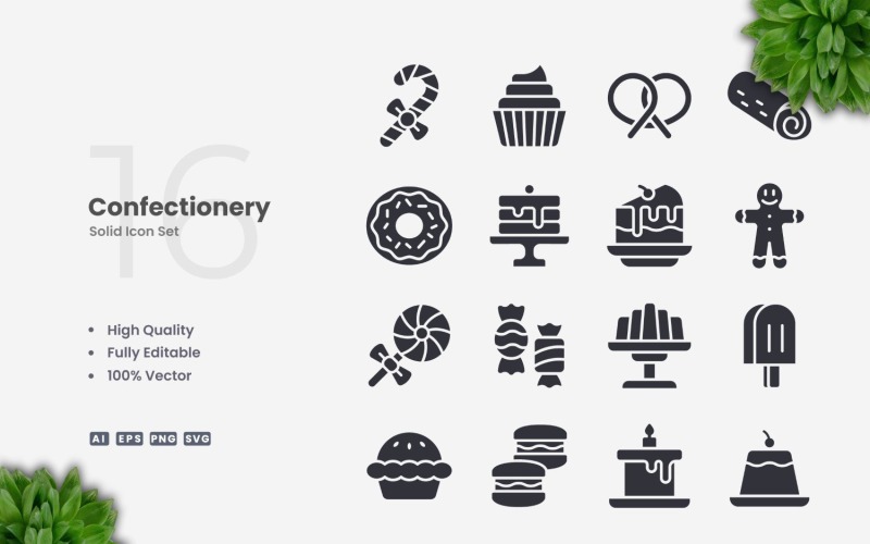 16 Confectionery Solid Icons Set
