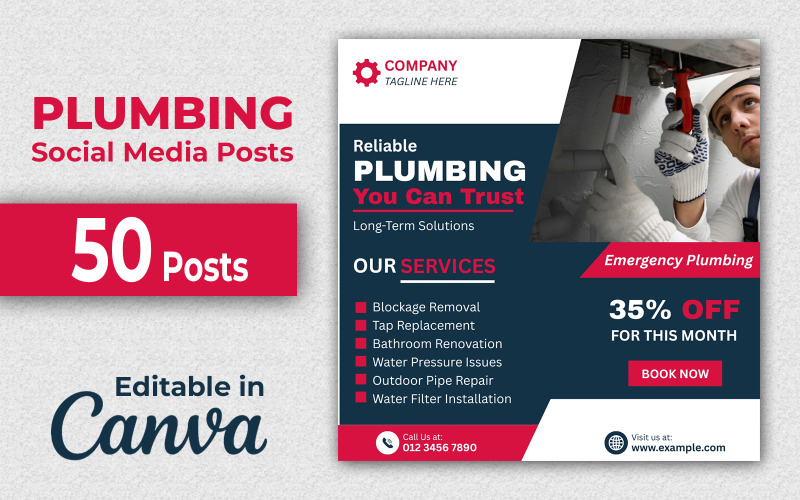 Kit marketing plomberie : 50 publications sur les réseaux sociaux, modifiables sur Canva