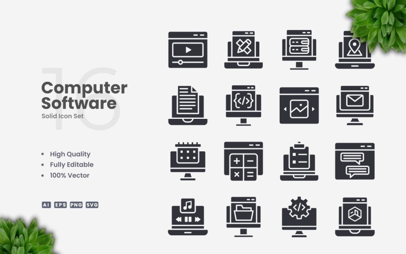 Set di 16 icone solide per software per computer