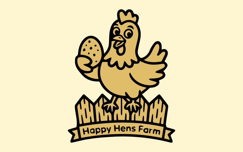 Logo della fattoria Happy Hens - Pollo dei cartoni animati con uovo su recinzione, illustrazione vettoriale