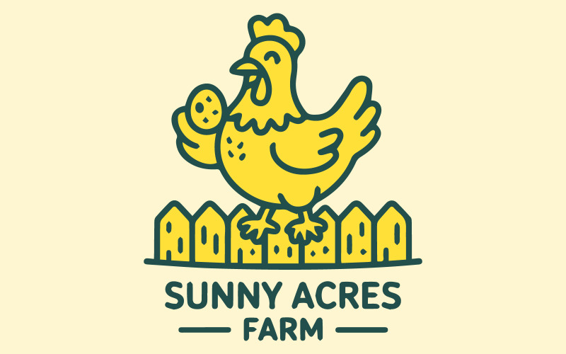 Логотип фермы Sunny Acres с мультяшной курицей и яйцом — векторная иллюстрация