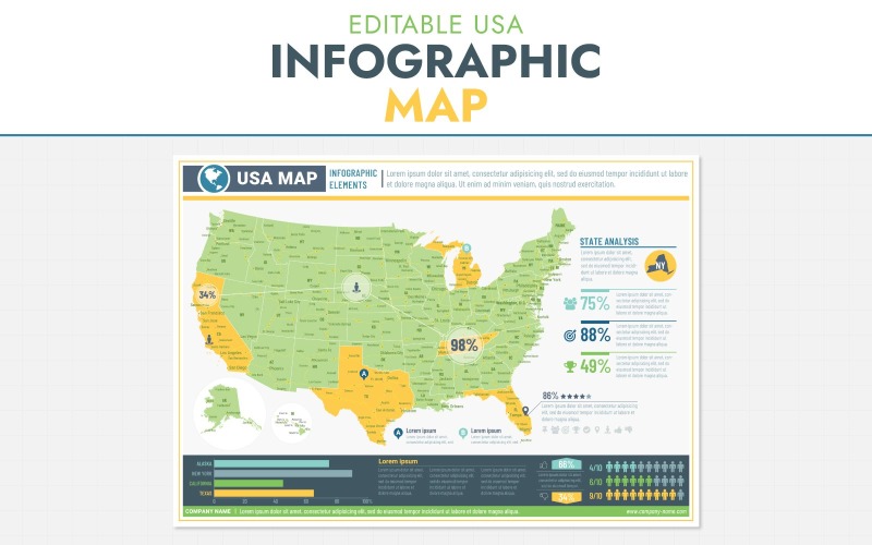 Mapa Infográfico dos EUA | Vetorial Editável e Imprimível | Estados Personalizáveis | Visualização de Dados