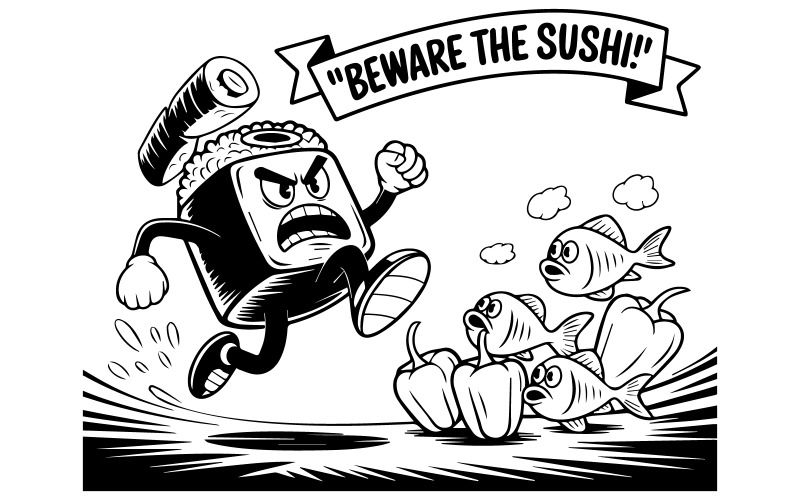 Futó sushi kabala logótervezés – aranyos, dühös ételvektor