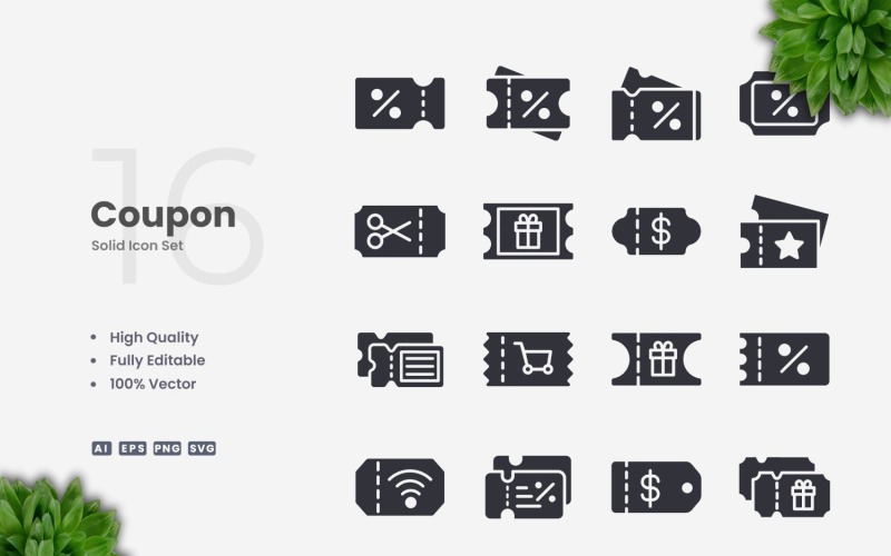 16 Coupon Solid Icons Set