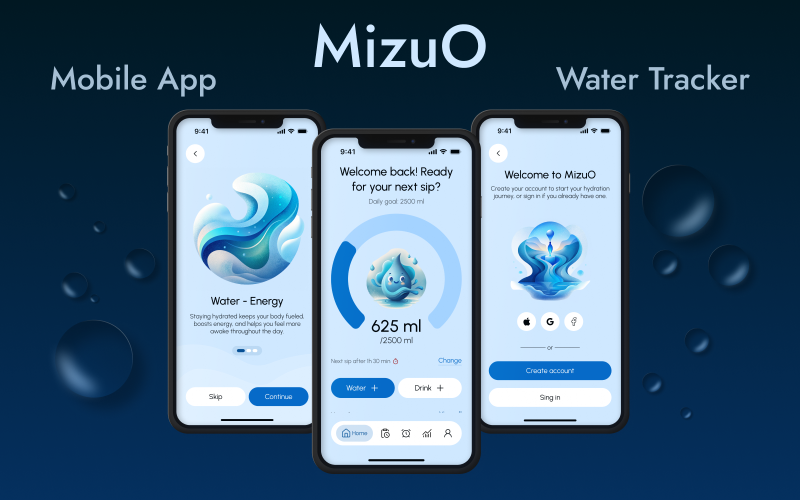 MizuO – Water Tracker mobiele app UI-sjabloon