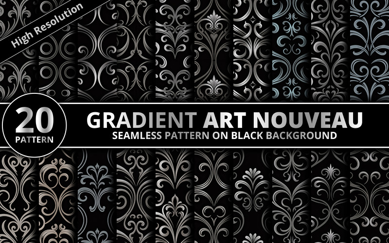 Gradient Art Nouveau Seamless Black Pattern Bundle för elegant tapet och textildesign