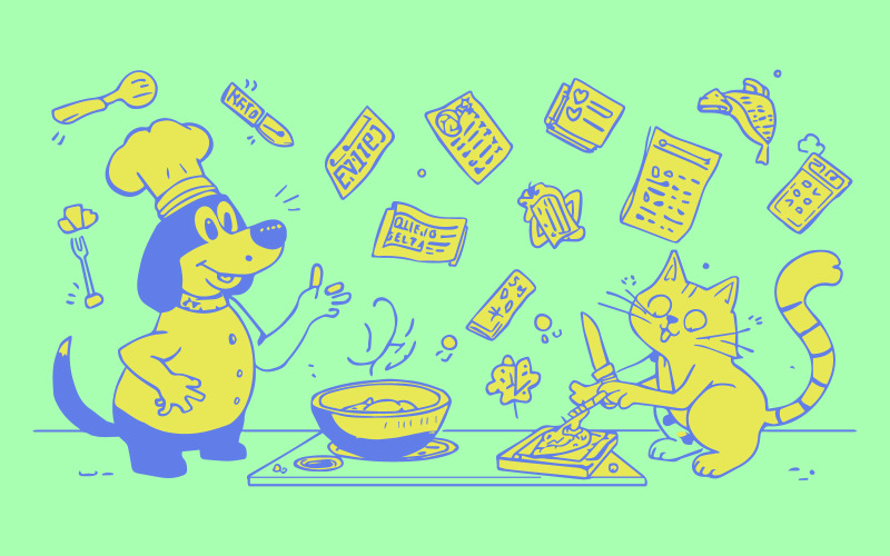 Handgezeichnete Cartoon-Tiere in Kochuniformen kochen zusammen. Verspielte Küchenillustration
