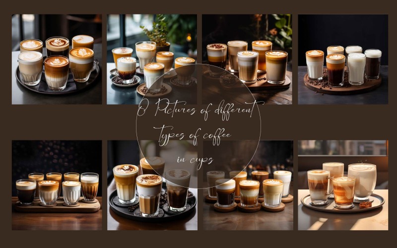 Bilder på olika typer av kaffe i koppar