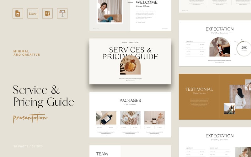 Guide till tjänster och priser med layout för Canva, PowerPoint, Keynote och Google Slides