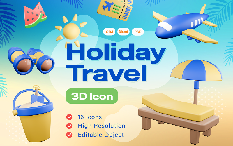 Pakiet ikon 3D podróży wakacyjnych