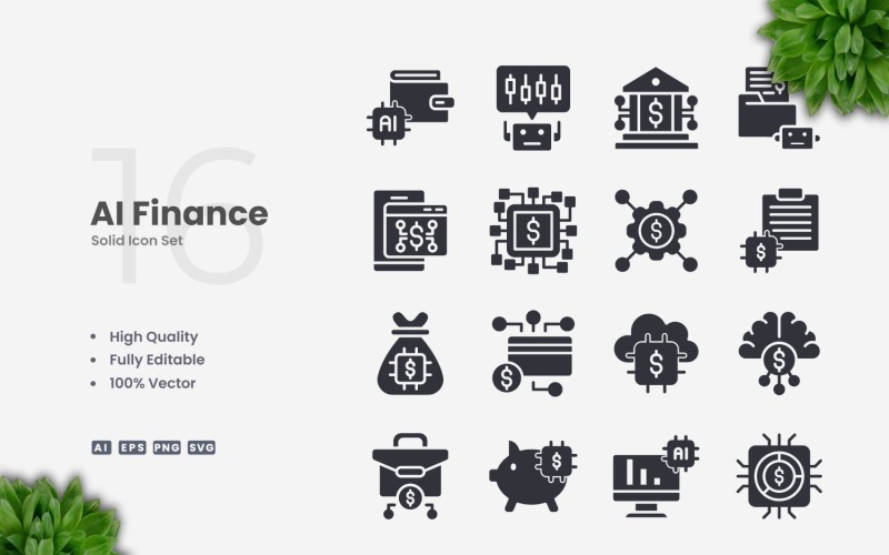 Ensemble de 16 icônes solides AI Finance