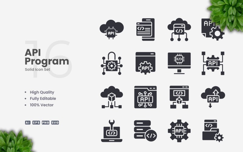 16 API Programı Katı Simge Seti