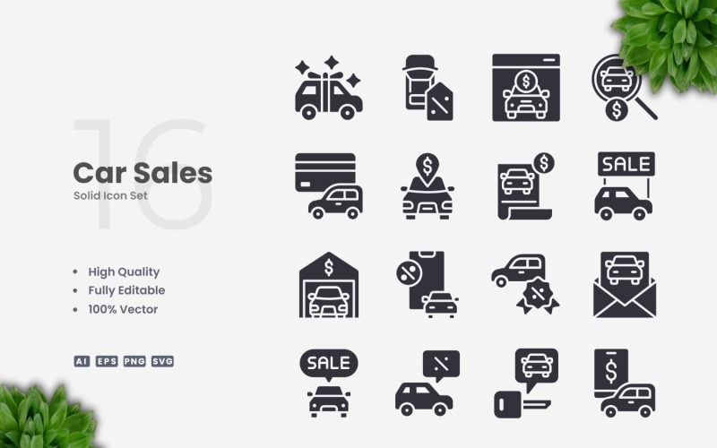 16 solide iconenset voor autoverkoop