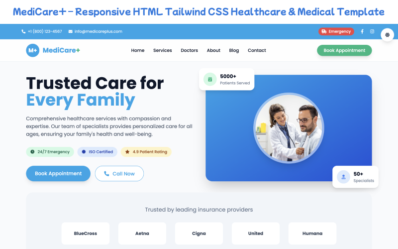 MediCare+ – Responsieve HTML Tailwind CSS Gezondheidszorg & Medische Sjabloon