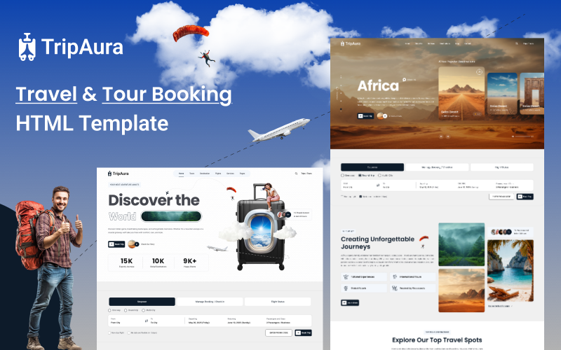 Tripaura – Modèle HTML de réservation de circuits et de vols pour les agences de voyages et les sites web d'aventure