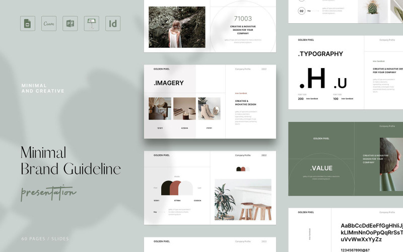 极简品牌指南模板，支持 Canva、PowerPoint、Keynote 和 Google Slides。