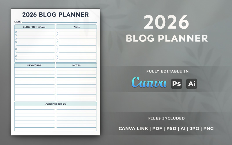 2026 Blog Planner Template – Printable Content Organizer, Minimal Editable Canva Template
