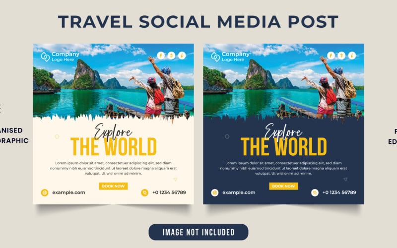 Modello di post sui social media per tour e viaggi con colori blu scuro e giallo