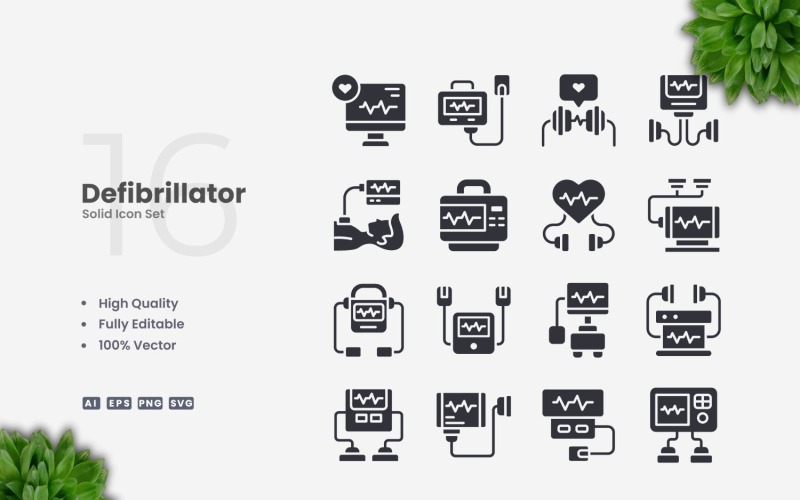 16 Defibrillator Solid Icons Set