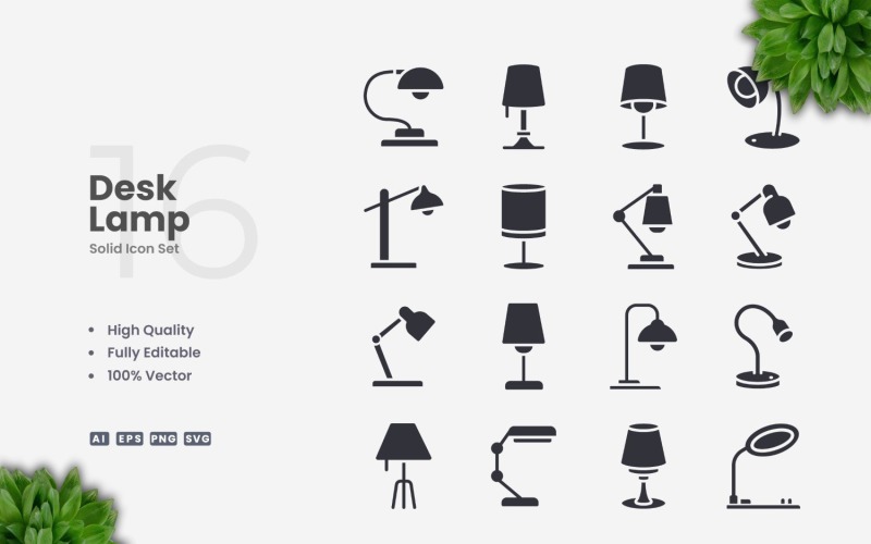 16 Desk Lamp Solid Icons Set