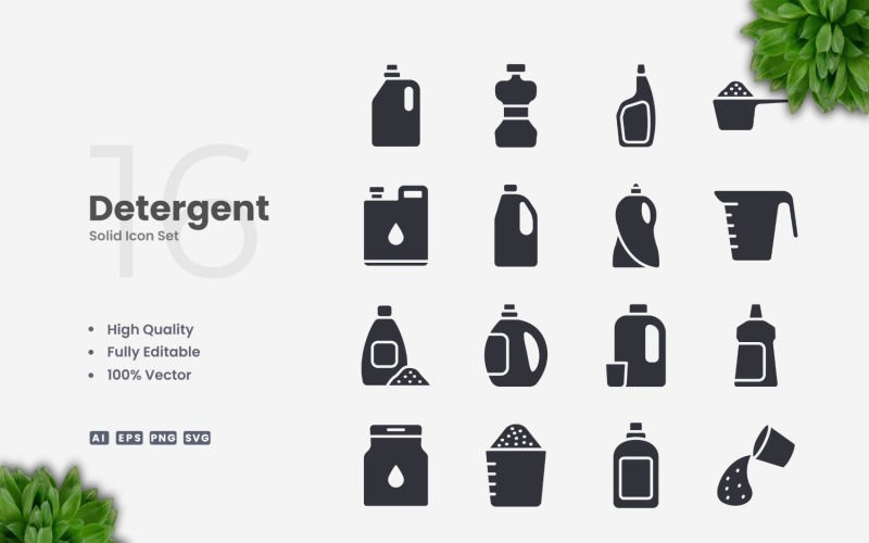 16 Detergent Solid Icons Set