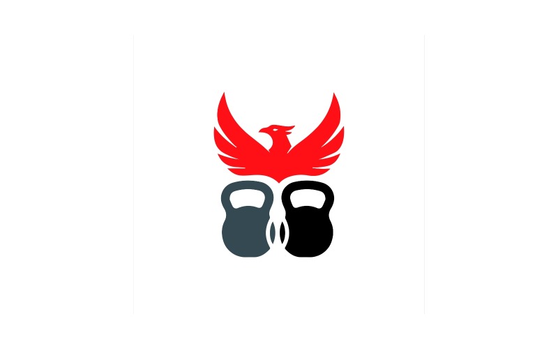 Beyaz arka planda izole edilmiş iki kettlebell'in üzerindeki kırmızı anka kuşu