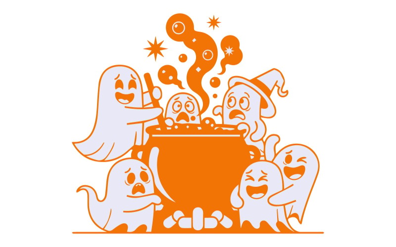 Fantasmi che cucinano pozioni – Illustrazione vettoriale di Halloween in bianco e nero