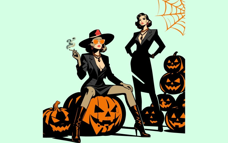 Ilustração vetorial de Halloween com moda de bruxa elegante, abóboras e estilo misterioso.