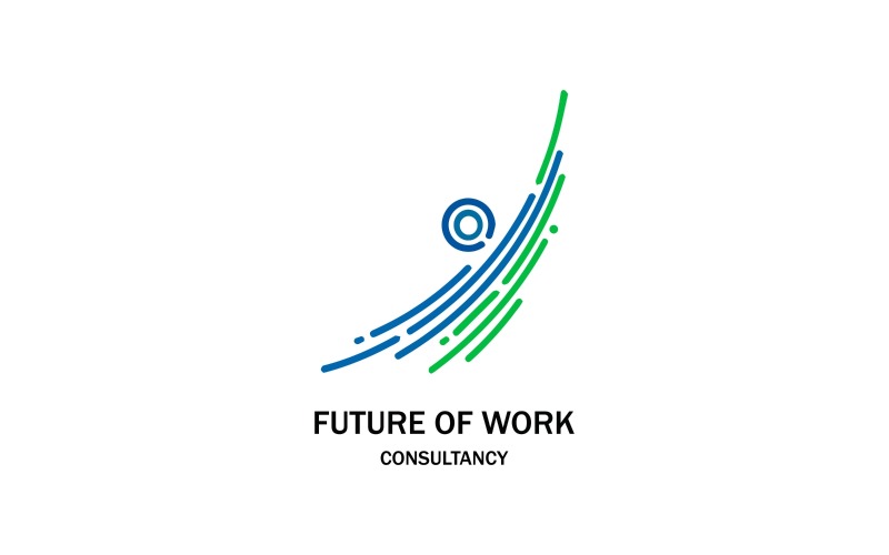 Logo della società di consulenza sul futuro del lavoro con linee astratte e testo isolato su sfondo bianco