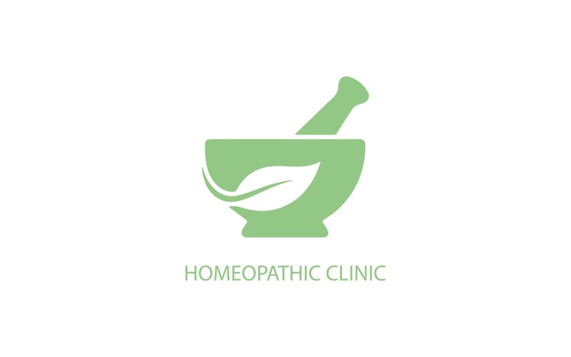 Logotipo de clínica homeopática com almofariz, pilão e folha.