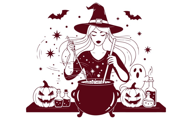 Czarownica Glamour gotująca magię w kotle, wektor Halloween