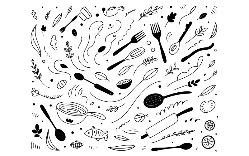 Ilustración de cocina contemporánea con elementos de comida en blanco y negro para un fondo culinario
